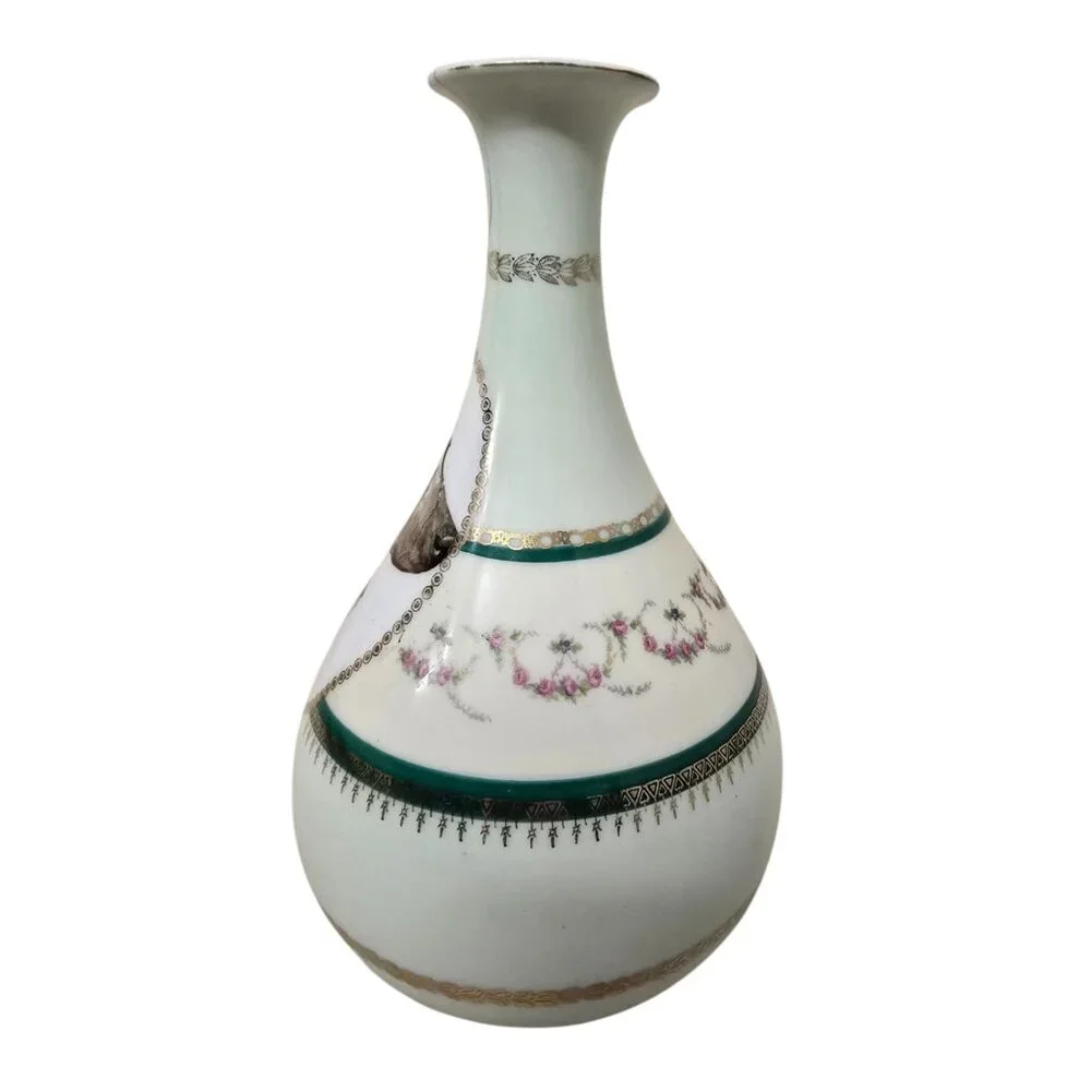 Antique Hand-Painted Porcelain Vase With Dog Portrait & Gold Detailing